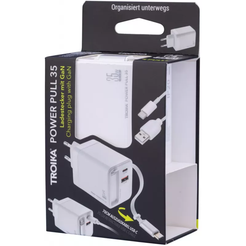 TROIKA POWER PULL 35 Auto lādētājs 35W USB-C PD & USB-A QC 3.0 Balts (CHA35/WH)