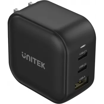 UNITEK GaN 66W 3-Port USB-C PD & QC 3.0 Lādētājs Melns