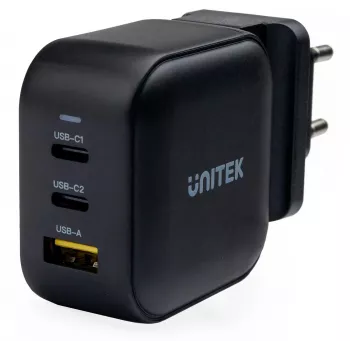UNITEK GaN 66W 3-Port USB-C PD & QC 3.0 Lādētājs Melns