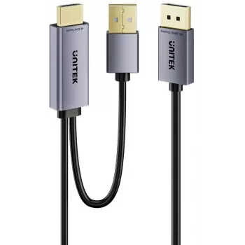 UNITEK HDMI uz DisplayPort 4K kabelis ar USB-A barošanu, 1,8 m, melns