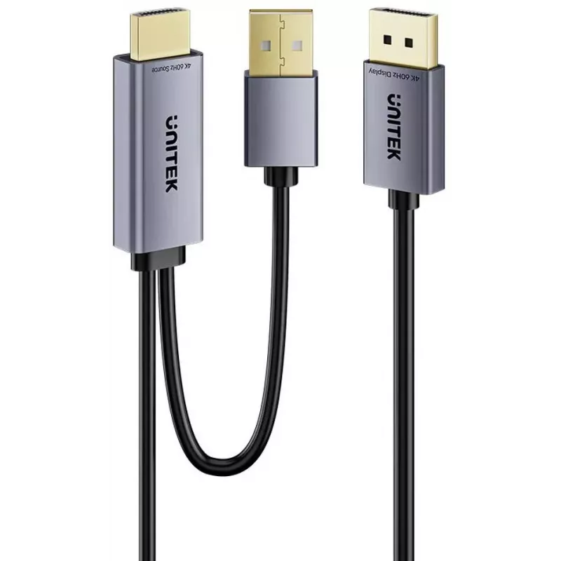 UNITEK HDMI uz DisplayPort 4K kabelis ar USB-A barošanu, 1,8 m, melns