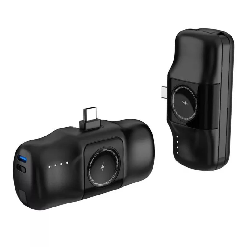 Mini Power Bank Wozinsky WF16-YCS 5000mAh 15W USB-C ar iebūvētu USB-C kabeli un Apple Watch lādētāju - Melns
