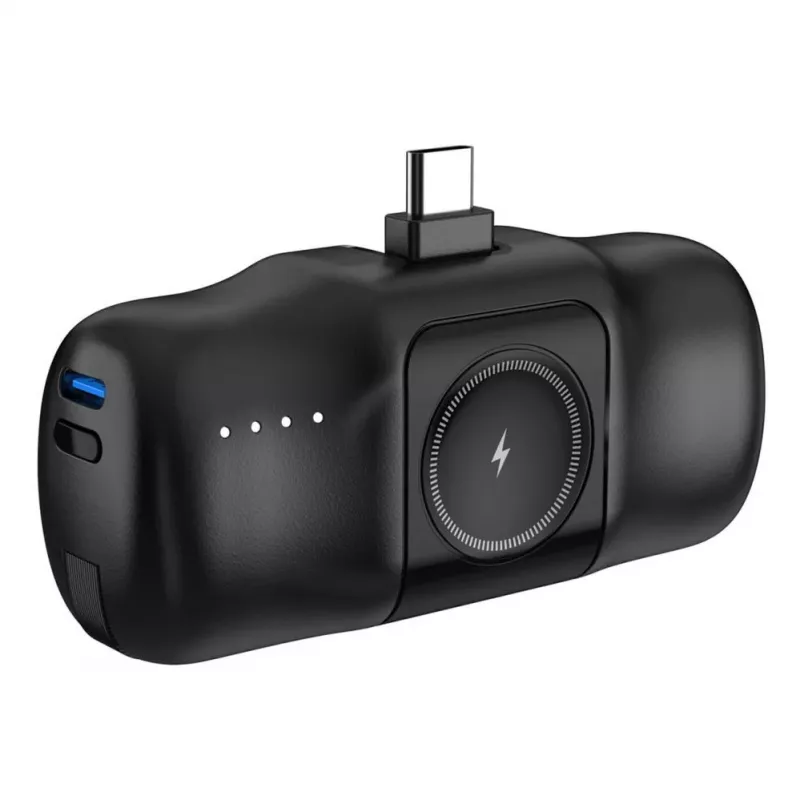 Mini Power Bank Wozinsky WF16-YCS 5000mAh 15W USB-C ar iebūvētu USB-C kabeli un Apple Watch lādētāju - Melns