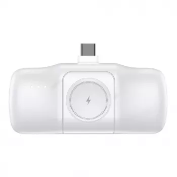 WOZINSKY WF16-YCS Mini Power Bank 5000mAh 15W USB-C ar iebūvētu USB-C kabeli un Apple Watch lādētāju - Balts