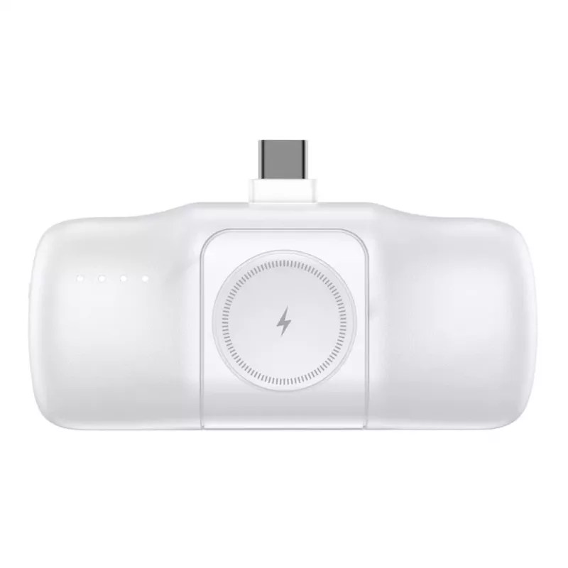 WOZINSKY WF16-YCS Mini Power Bank 5000mAh 15W USB-C ar iebūvētu USB-C kabeli un Apple Watch lādētāju - Balts