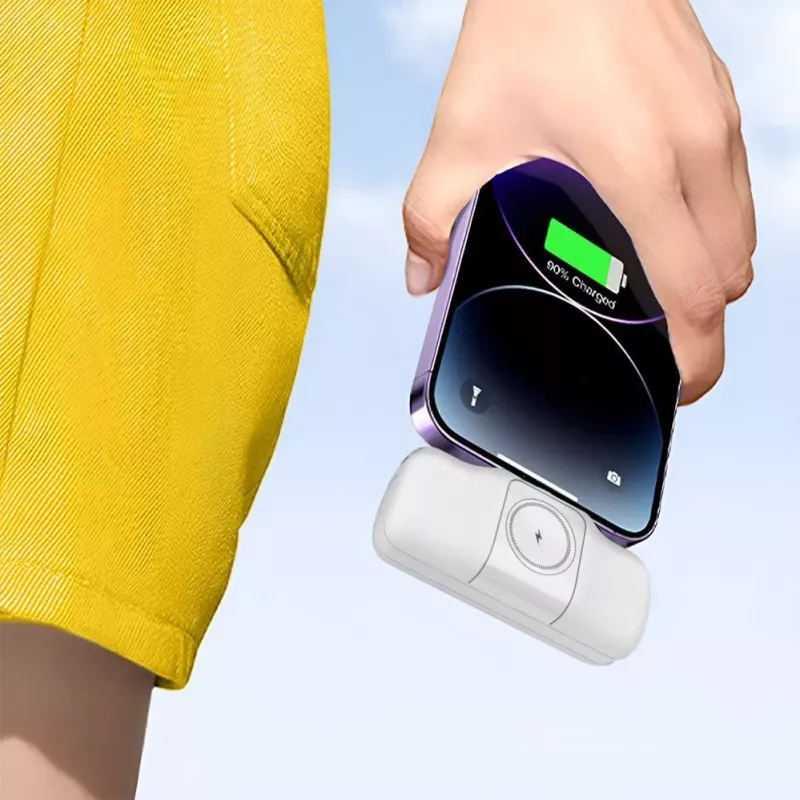 WOZINSKY WF16-YCS Mini Power Bank 5000mAh 15W USB-C ar iebūvētu USB-C kabeli un Apple Watch lādētāju - Balts