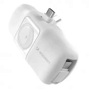 WOZINSKY WF16-YCS Mini Power Bank 5000mAh 15W USB-C ar iebūvētu USB-C kabeli un Apple Watch lādētāju - Balts