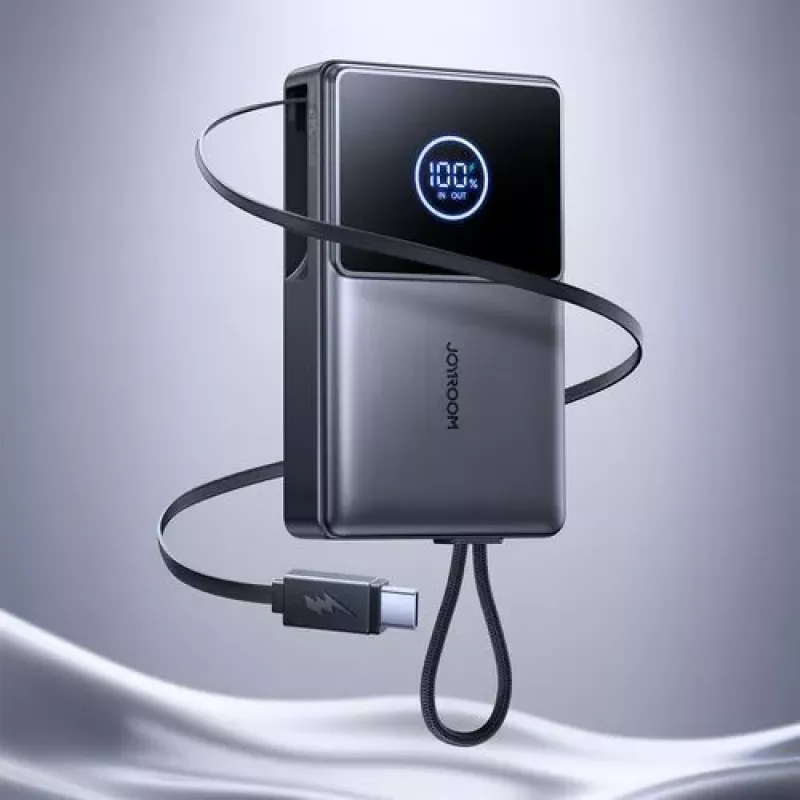 Joyroom JR-PR1 10000mAh 22.5W Power Bank ar iebūvētu izvelkamu USB-C kabeli Melns