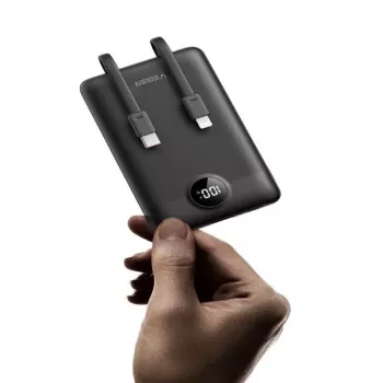 VEGER Powerbank C11 (W1170) PD QC3.0 22.5W 10000 mAh ar iebūvētiem USB-C un Lightning kabeļiem, Melns