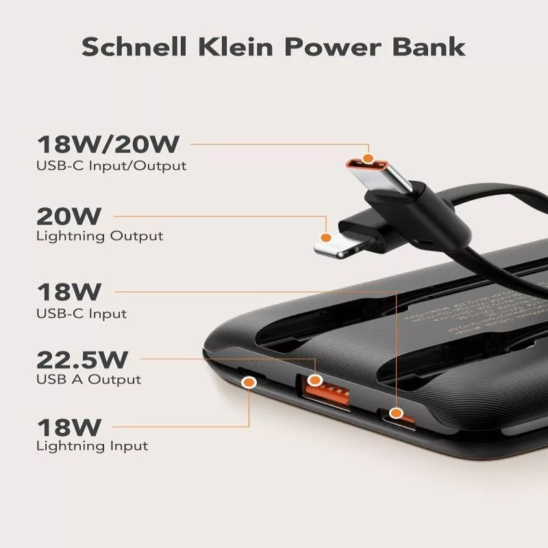VEGER Powerbank C11 (W1170) PD QC3.0 22.5W 10000 mAh ar iebūvētiem USB-C un Lightning kabeļiem, Melns