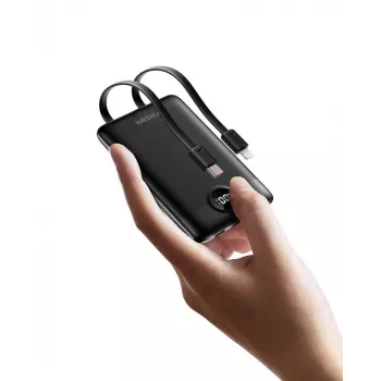 VEGER Powerbank C11 (W1170) PD QC3.0 22.5W 10000 mAh ar iebūvētiem USB-C un Lightning kabeļiem, Melns