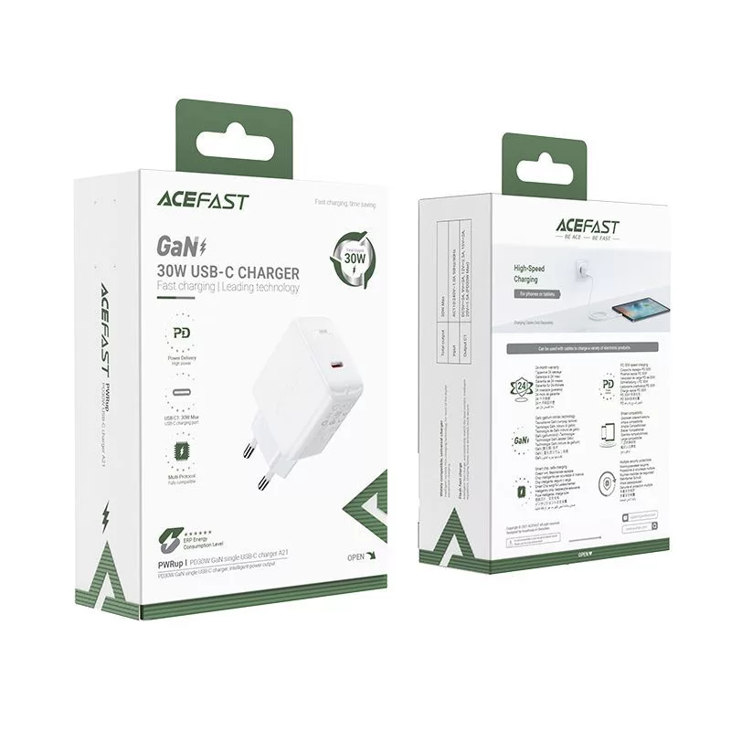 ACEFAST GaN USB-C Lādētājs 30W PD QC 3.0 AFC FCP Balts (A21)