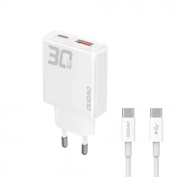 Dudao A30EU GaN 30W USB-C USB-A sienas lādētājs ar USB-C uz USB-C kabeli 1m Balts