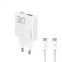 Dudao A30EU GaN 30W USB-C USB-A sienas lādētājs ar USB-C uz USB-C kabeli 1m Balts
