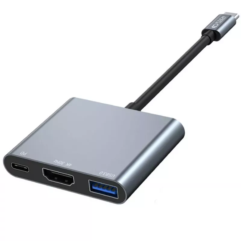 Tech-Protect V1 3in1 USB-C Hub Adapter - USB-A 3.0, USB-C PD 100W, HDMI 4K 30Hz - Pelēks