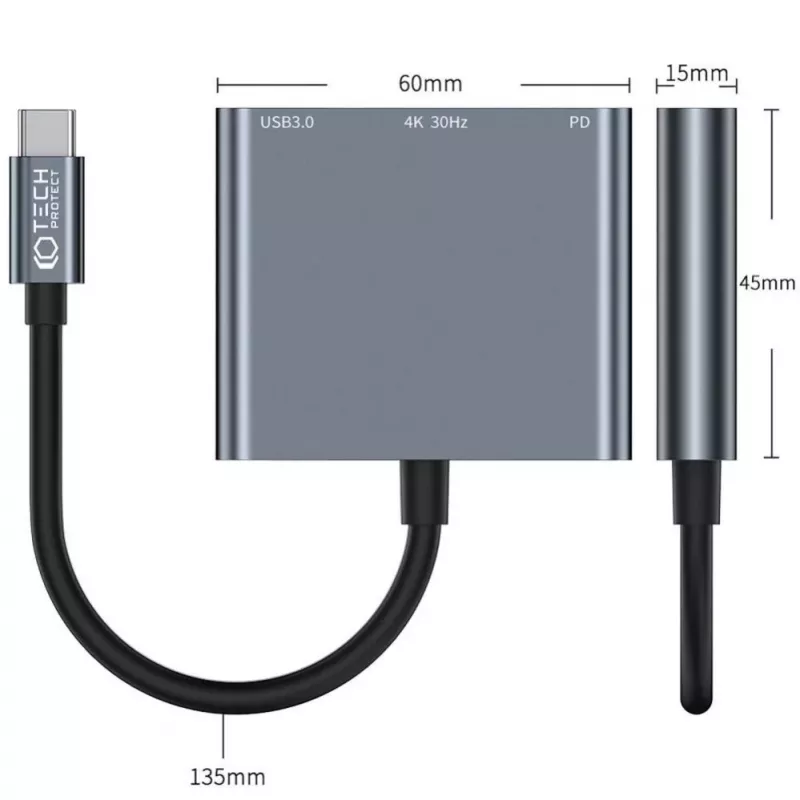 Tech-Protect V1 3in1 USB-C Hub Adapter - USB-A 3.0, USB-C PD 100W, HDMI 4K 30Hz - Pelēks