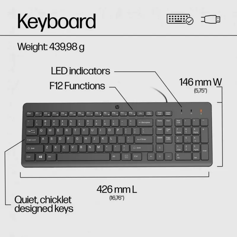 HP 150 Vadu peles un tastatūras komplekts - Melns - QWERTY angļu ASV izkārtojums
