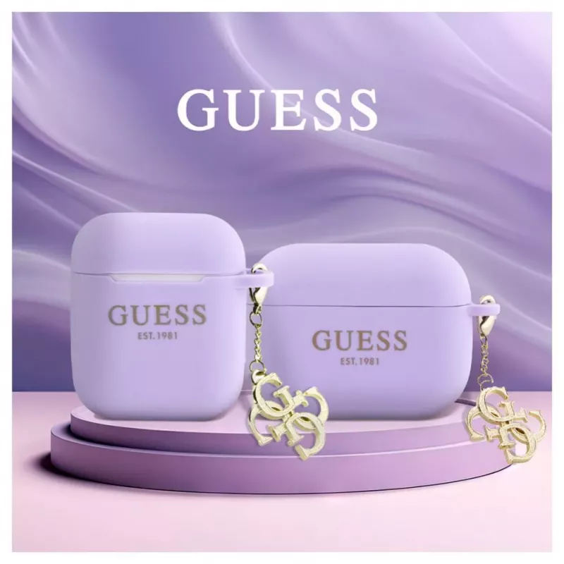 Guess Apple AirPods Pro Silikona Maciņš Classic Logo Gold Ar 4G Piekariņu Violetā Krāsā