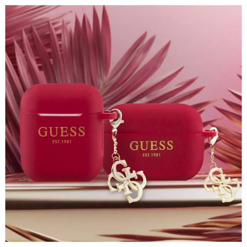 Guess Apple AirPods 1/2 Maciņš Silikona Classic Logo Zelts Ar 4G Piekariņu Fuksīns