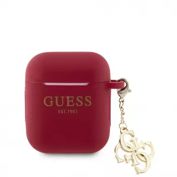 Guess Apple AirPods 1/2 Maciņš Silikona Classic Logo Zelts Ar 4G Piekariņu Fuksīns