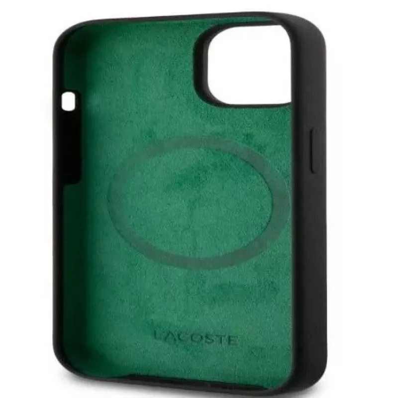Lacoste Apple iPhone 15 6.1 collu šķidrais silikons mikrofiber Croc Logo Magsafe aizmugurējais vāciņš melns