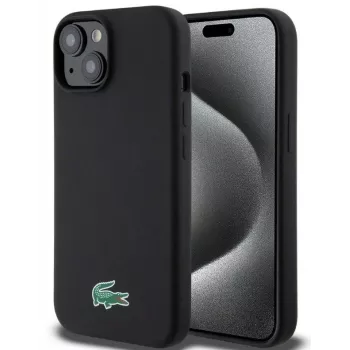 Lacoste Apple iPhone 15 6.1 collu šķidrais silikons mikrofiber Croc Logo Magsafe aizmugurējais vāciņš melns