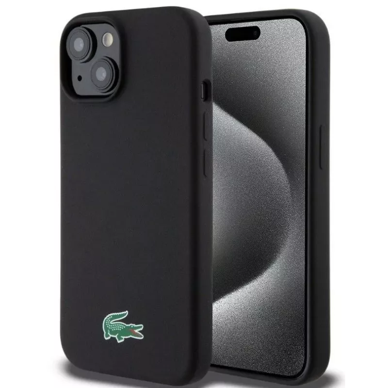 Lacoste Apple iPhone 15 6.1 collu šķidrais silikons mikrofiber Croc Logo Magsafe aizmugurējais vāciņš melns
