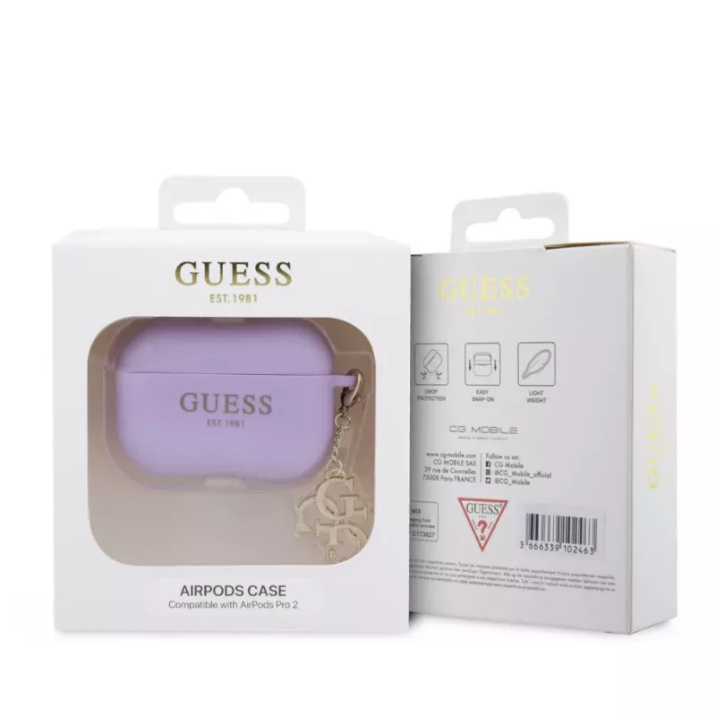 Guess Apple AirPods Pro 2 Silikona Maciņš Classic Logo Gold Ar 4G Piekariņu Violetā Krāsā