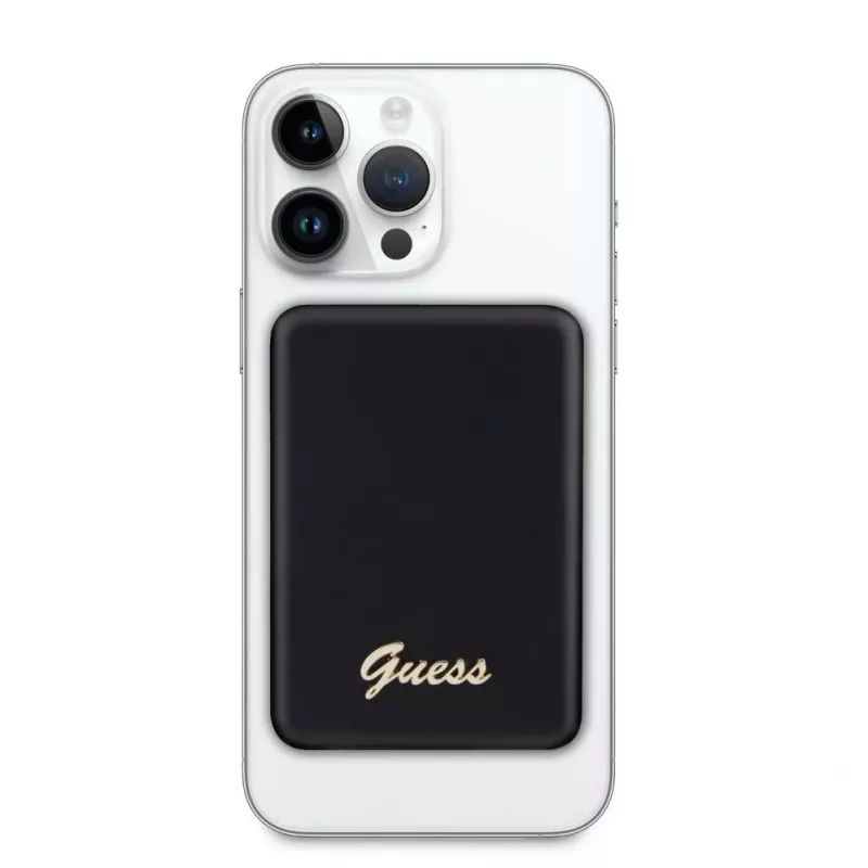 Guess Power Bank 5000mAh 15W MagSafe un parastā uzlāde ar metāla logotipu Melns