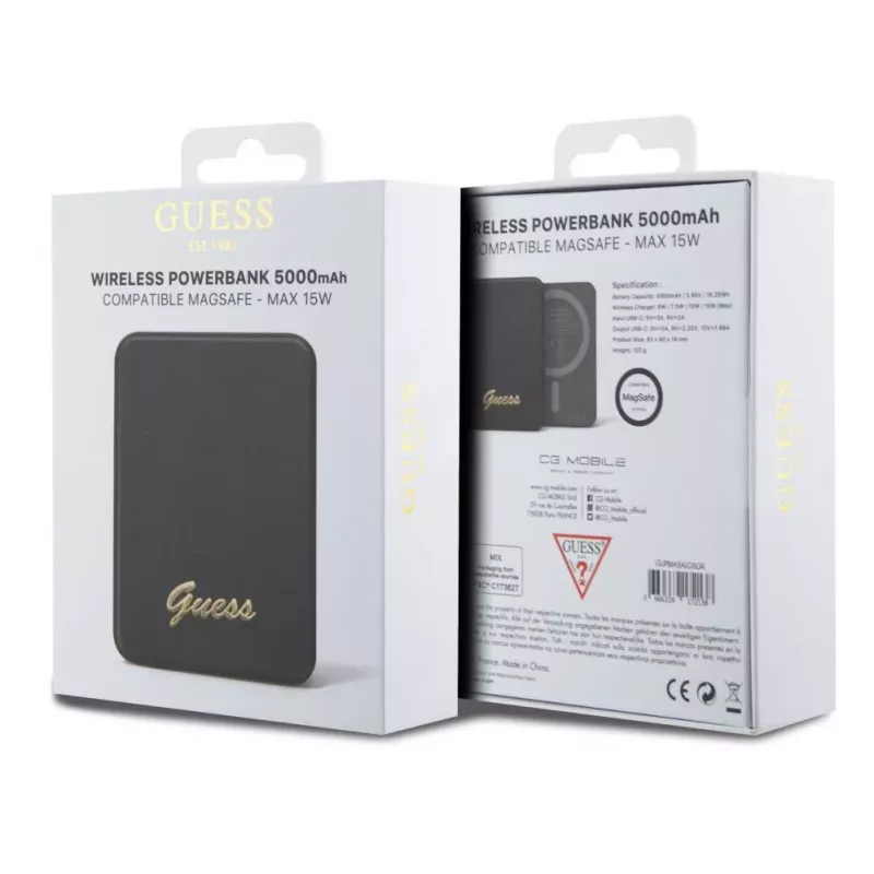Guess Power Bank 5000mAh 15W MagSafe un parastā uzlāde ar metāla logotipu Melns