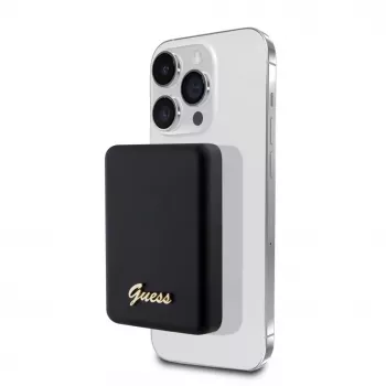 Guess Power Bank 5000mAh 15W MagSafe un parastā uzlāde ar metāla logotipu Melns
