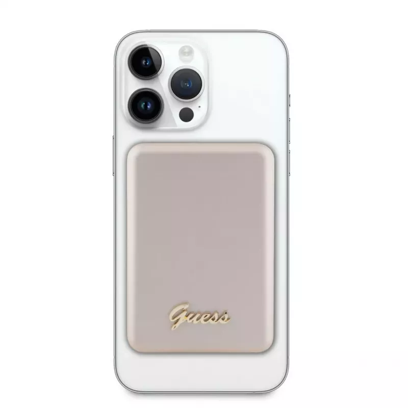 Guess Power Bank 5000mAh 15W MagSafe un parastā uzlāde ar metāla Script logotipu zelta krāsā