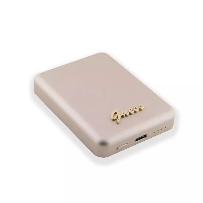 Guess Power Bank 5000mAh 15W MagSafe un parastā uzlāde ar metāla Script logotipu zelta krāsā