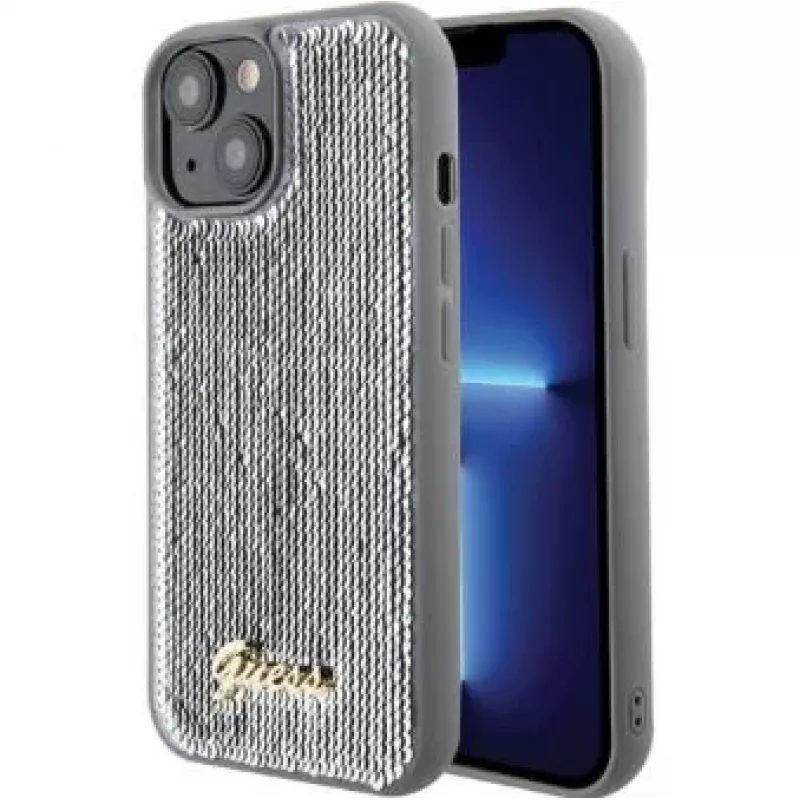 Guess iPhone 15 HC Sequin Script Metal Silver Hard Case