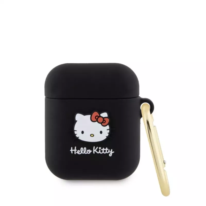 Hello Kitty šķidrā silikona 3D kaķa galvas logotipa maciņš AirPods 1/2 melns