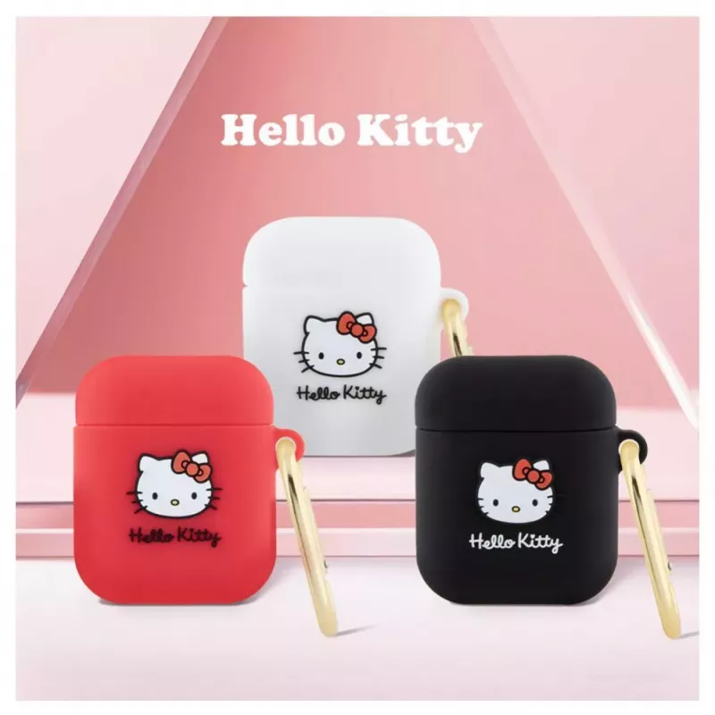 Hello Kitty šķidrā silikona 3D kaķa galvas logotipa maciņš AirPods 1/2 melns