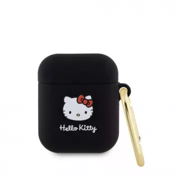Hello Kitty šķidrā silikona 3D kaķa galvas logotipa maciņš AirPods 1/2 melns