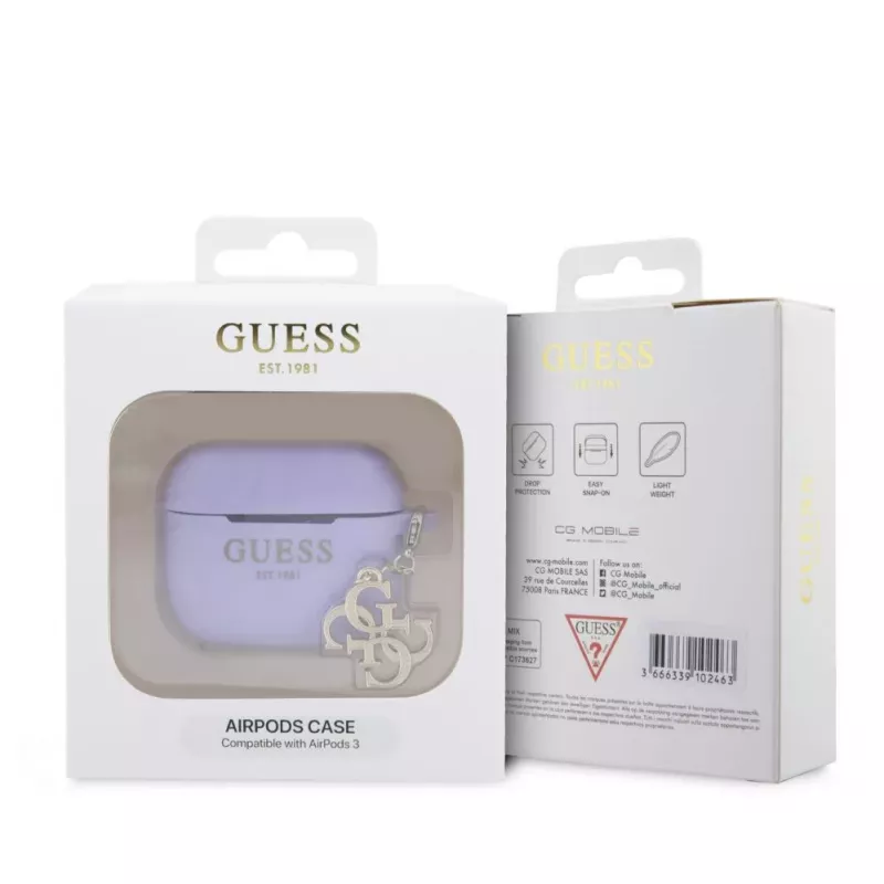 Guess AirPods 3 Silikona maciņš Classic Logo Gold ar 4G Charm Purple