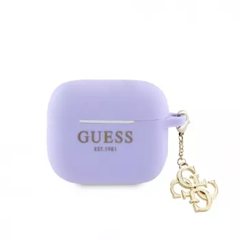 Guess AirPods 3 Silikona maciņš Classic Logo Gold ar 4G Charm Purple