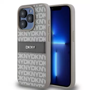 DKNY PU Ādas Atkārtojuma Raksts Toņu Svītru Maciņš iPhone 15 Pro Bēšs