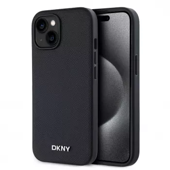 DKNY PU Ādas Sudraba Metāla Logo Magsafe Maciņš iPhone 15 Melns