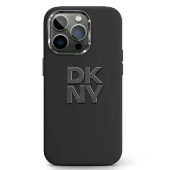 DKNY Apple iPhone 15 Cietais vāciņš no šķidrā silikona ar metāla logotipu Melns