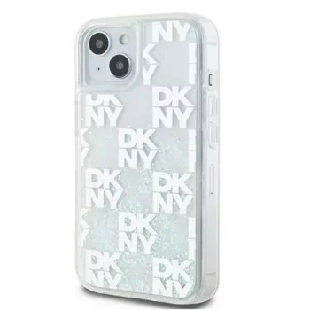 DKNY Apple iPhone 15 cietais maciņš Liquid Glitter Multilogo Balts