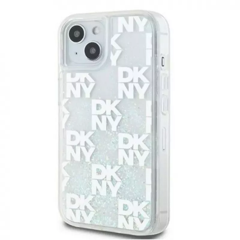 DKNY Apple iPhone 15 cietais maciņš Liquid Glitter Multilogo Balts