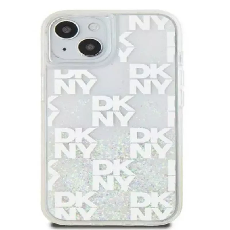 DKNY Apple iPhone 15 cietais maciņš Liquid Glitter Multilogo Balts