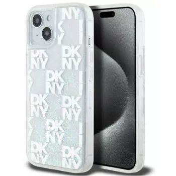 DKNY Apple iPhone 15 cietais maciņš Liquid Glitter Multilogo Balts