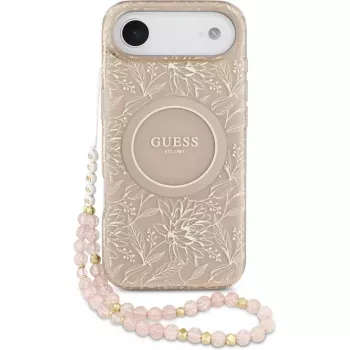 Guess Apple iPhone 17 Air Silikona Maciņš ar MagSafe Flowers Allover un Pērļu Siksniņu Rozā