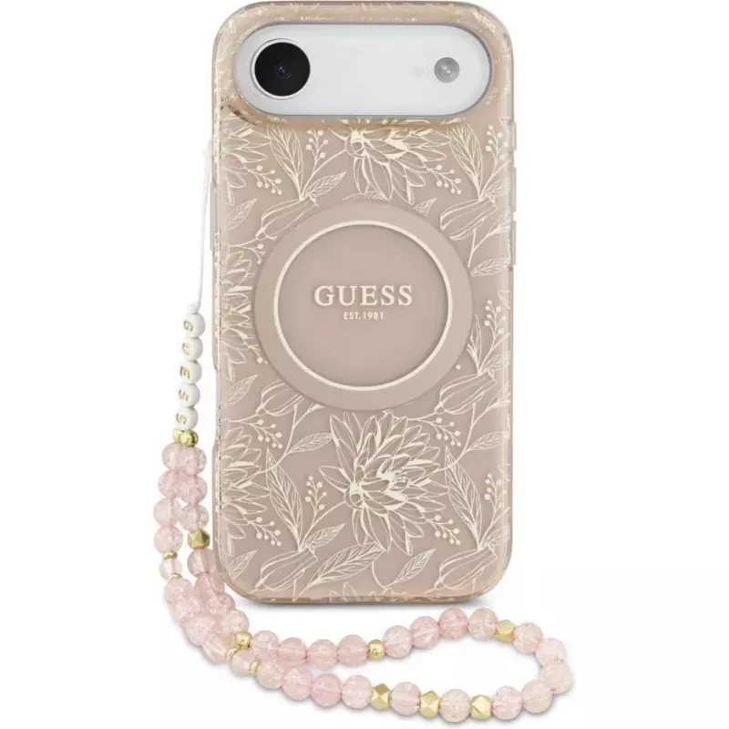 Guess Apple iPhone 17 Air Silikona Maciņš ar MagSafe Flowers Allover un Pērļu Siksniņu Rozā