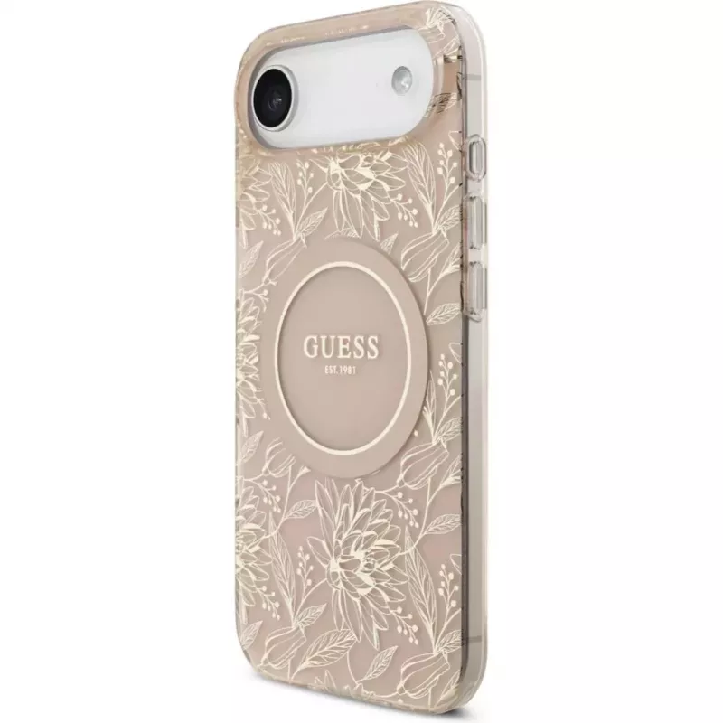 Guess Apple iPhone 17 Air Silikona Maciņš ar MagSafe Flowers Allover un Pērļu Siksniņu Rozā