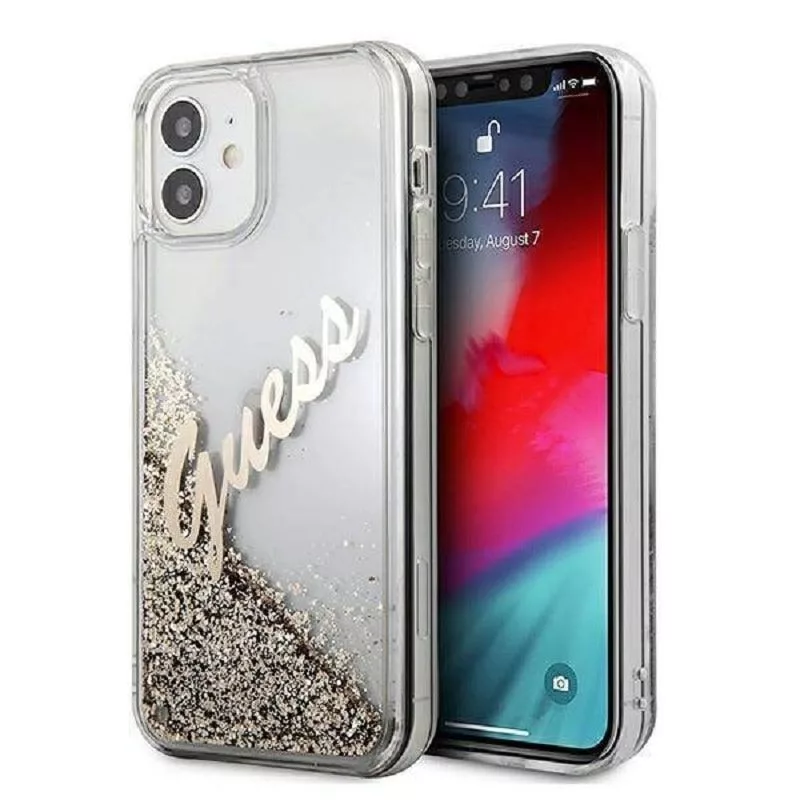 Guess Apple iPhone 12 Mini 5.4 collu Liquid Glitter Vintage Vāks Zelts